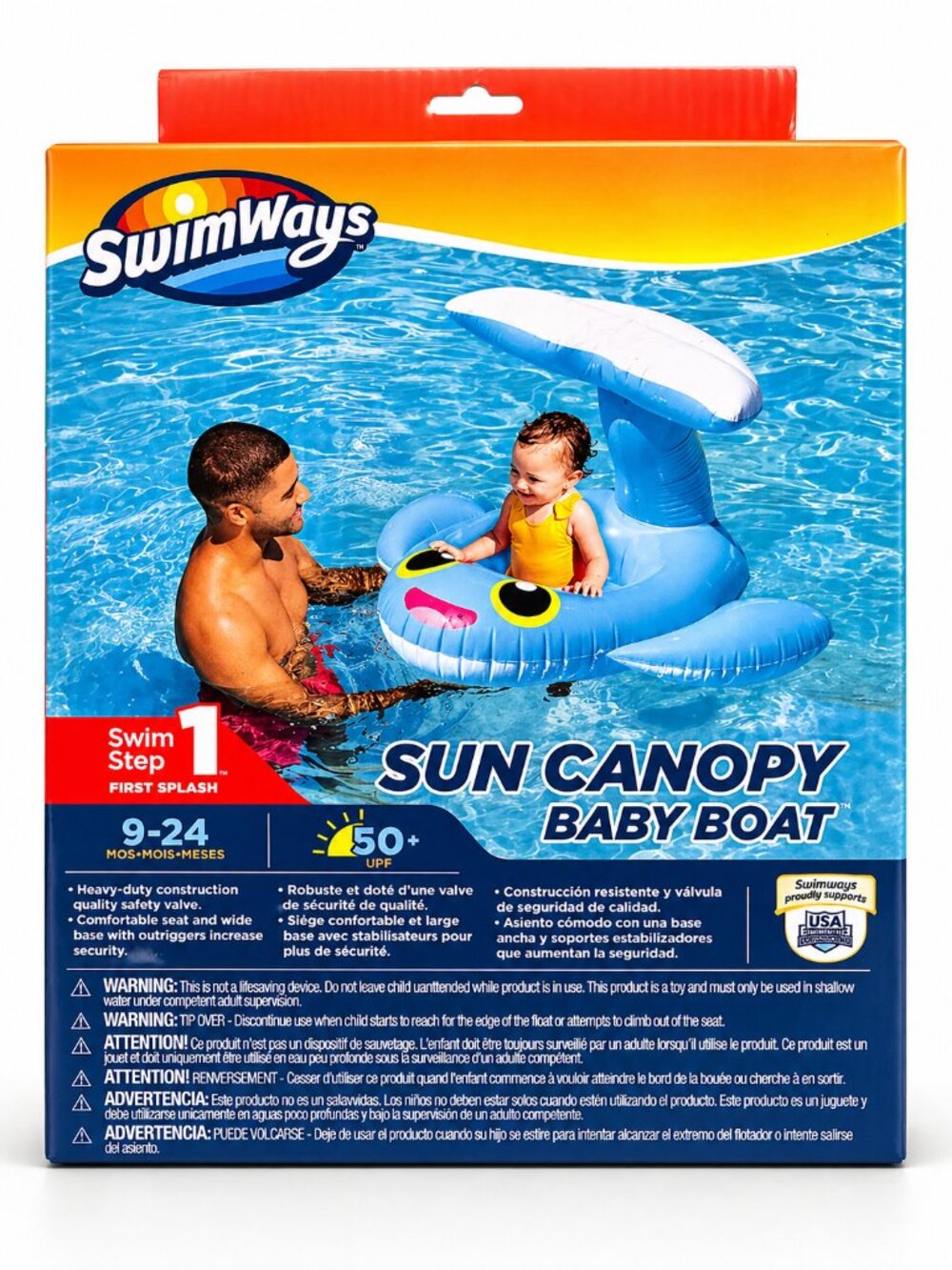 SwimWays Sun Canopy Baby Boat Float 9–24 Months UPF 50+ Infant Pool ,Whale